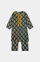 Plum Premium Cotton Green Printed Embroidered Golden 2 pc suit For Girls.