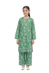 Plum Khaddar Green colour printed White Pink Blue Flowers with White buttons on 2pc stitched suit for Girls.