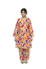 Plum Digital Lawn Off-White Colour printed Purple Pink Orange Patterns with Pink buttons On 2 Pc stitched suit for Girls