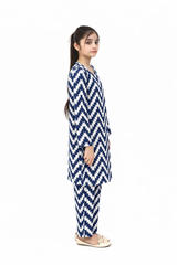 Plum Digital Lawn Dark Blue Off White Patterns On 2 Pc Stitched Suit for Girl's.