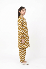 Plum Digital Lawn Mustard Off White Patterns On 2 Pc Stitched Suit for Girl's.