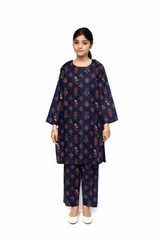 Plum Digital Lawn Dark Blue Colour Green Yellow Red Flowers on 2 Pc stitched suit for Girls