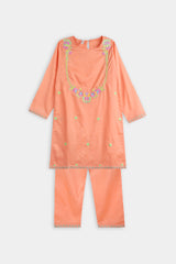 Plum 100% Fine Cotton Peach Orange Colour Embroidered Pink Yellow 2 pc suit For Girls.