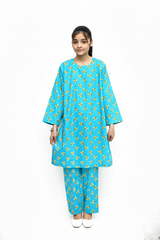 Plum Digital Lawn Sky Blue Colour Printed  Yellow Brown Leaves on 2 Pc stitched suit for Girls.