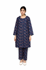 Plum Digital Lawn Dark Blue Colour Orange White Flowers on 2 Pc stitched suit for Girls