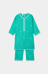 Plum Premium Cotton Lawn Sea Green Colour Embroidered White 2 pc suit For Girls.