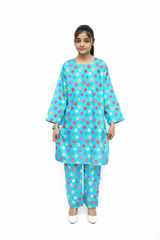 Plum Digital Lawn Sky Blue Colour Printed Red Yellow Pink Flowers on 2 Pc stitched suit for Girls.