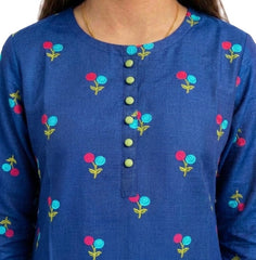 Plum Khaddar Blue Colour printed Pink Blue Flowers with Green buttons on 2pc stitched suit for Girls