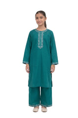 Plum Khaddar Teal Colour embroidered with Green & Pink threads on 2pc stitched suit for Girls.