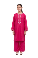 Plum Khaddar Dark Pink Colour embroidered with White threads on 2pc stitched suit for Girls.