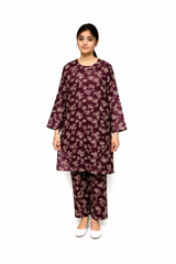 Plum Digital Lawn Maroon Colour Printed Beige Leaves on 2 Pc stitched suit for Girls