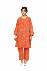 Plum Digital Lawn Orange Colour Printed Green and  Sea Green Flowers on 2 Pc stitched suit for Girl