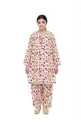 Plum Digital Lawn Off White Colour Printed Yellow Pink Orange Flowers With Pink Buttons On 2 Pc stitched suit for Girls.