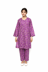 Plum Digital Lawn Purple Colour Printed Light Green Purple Leaves on 2 Pc stitched suit for Girls.