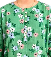 Plum Khaddar Green colour printed White Pink Blue Flowers with White buttons on 2pc stitched suit for Girls.