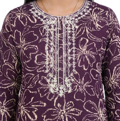 Plum Khaddar Purple Colour printed White Flowers embroidered with White threads on 2pc stitched suit for Girls