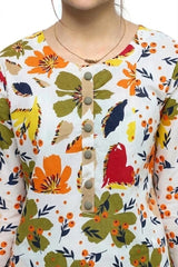 Plum Digital Lawn Off White Colour Printed Olive Red Orange Flowers With Olive Buttons On 2 Pc stitched suit for Girls.