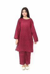Plum Premium Khaddar Dark Pink Colour Printed Red White Mustard Flowers On 2 pc Stitched suit For Girls
