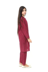 Plum Premium Khaddar Dark Pink Colour Printed Red White Mustard Flowers On 2 pc Stitched suit For Girls
