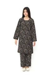 Plum Premium Kotrai ( Imported Fabric ) Black Colour Printed Yellow White Green Flowers On 2 pc Stitched suit For Girls
