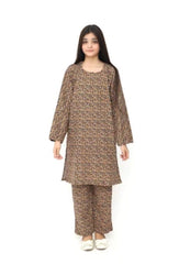 Plum Premium Kotrai ( Imported Fabric ) Dark Brown Colour Printed Deep Yellow Green Flowers On 2 pc Stitched suit For Girls