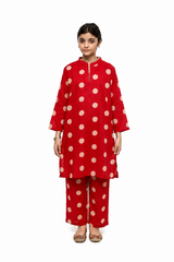 Plum Digital Lawn Reddish Orange Colour printed Off White Dots On 2 Pc stitched suit for Girls