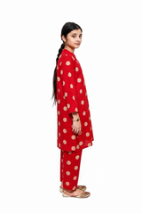 Plum Digital Lawn Reddish Orange Colour printed Off White Dots On 2 Pc stitched suit for Girls
