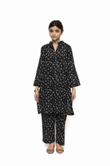 Plum Digital Lawn Black Colour Printed White Flowers On 2 Pc stitched suit for Girls.