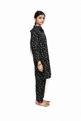 Plum Digital Lawn Black Colour Printed White Flowers On 2 Pc stitched suit for Girls.