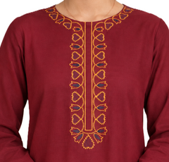 Plum Khaddar Maroon Colour embroidered with Golden & Blue Threads on 2pc stitched suit for Girls.