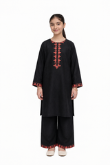 Plum Khaddar Black Colour embroidered with Rust Threads on 2pc stitched suit for Girls.