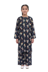 Plum Khaddar Black colour printed Green Red White Flowers with Green buttons 2pc stitched suit for Girls