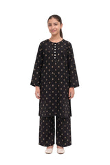 Plum Khaddar Black colour printed White Olive Flowers with White buttons on 2pc stitched suit for Girls