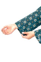Plum Khaddar Teal colour printed White Rust patterns with White buttons on 2pc stitched suit for Girls.
