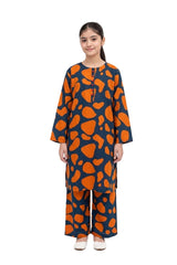 Plum Lilen (imported fabric) Teal Colour printed Light Orange patterns with Light Orange buttons on 2pc stitched suit for Girls.