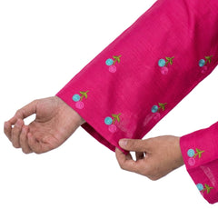 Plum Khaddar Pink colour printed Sky Blue & Green Flowers with Pink buttons on 2pc stitched suit for Girls