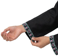 Plum Khaddar Black Colour embroidered with Green & Pink threads on 2pc stitched suit for Girls.