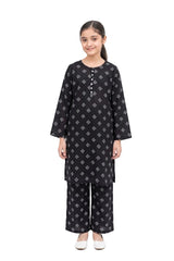 Plum Lilen (imported fabric) Black Colour White Patterns with White buttons on 2pc stitched suit for Girls.