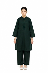 Plum Digital Lawn Dark Green Colour with Beige buttons On 2 Pc stitched suit for Girls
