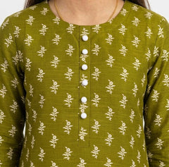 Plum Khaddar Olive colour printed White  Flowers with White buttons on 2pc stitched suit for Girls