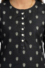 Plum Khaddar Black colour printed White Olive Flowers with White buttons on 2pc stitched suit for Girls
