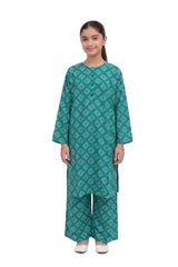 Plum Lilen (imported Fabric) Sea Green colour printed White Patters with Sea Green buttons on 2pc stitched suit for Girls.