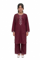 Plum Lawn Maroon Colour Embroidered with Light Pink threads on 2pc Sitched Suit for Girls