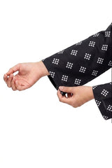 Plum Lilen (imported fabric) Black Colour White Patterns with White buttons on 2pc stitched suit for Girls.