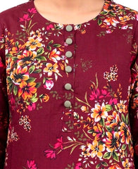 Plum Khaddar Maroon Colour Printed Yellow Green Pink Flowers with Olive Buttons on 2pc stitched suit for Girls.