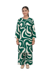 Plum Lilen (imported Fabric) printed Green & White Patterns with Green buttons on 2pc stitched suit for Girls.