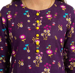 Plum Khaddar Dark Purple colour printed  Purple Blue White Flowers with Yellow buttons on 2pc stitched suit for Girls