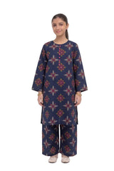 Plum Khaddar Dark Blue Colour printed Green Pink White Motifz with Pink buttons on 2pc stitched suit for Girls