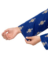 Plum Khaddar Dark Blue Colour Printed Off- White Patterns with White Buttons on 2pc stitched suit for Girls.