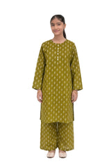 Plum Khaddar Olive colour printed White  Flowers with White buttons on 2pc stitched suit for Girls